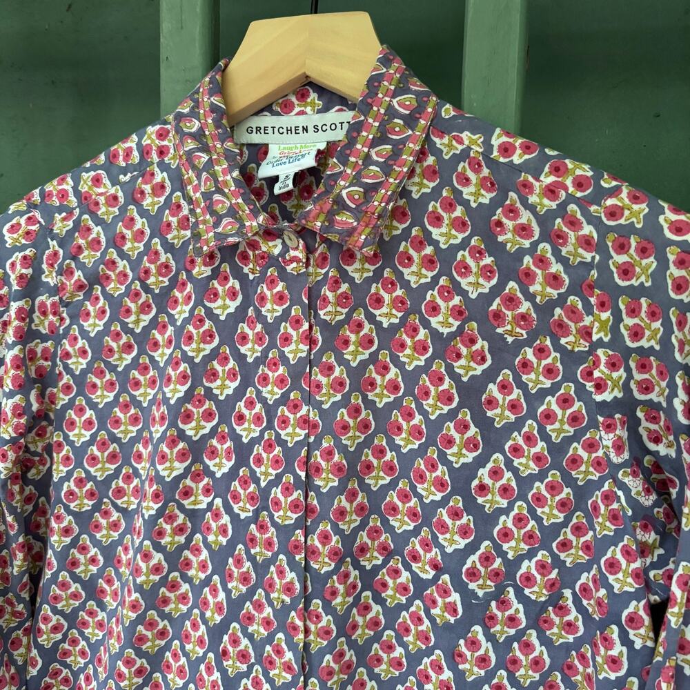 Gretchen Scott Artisan-Inspired Block Print Blouse Sz S boho preppy coastal